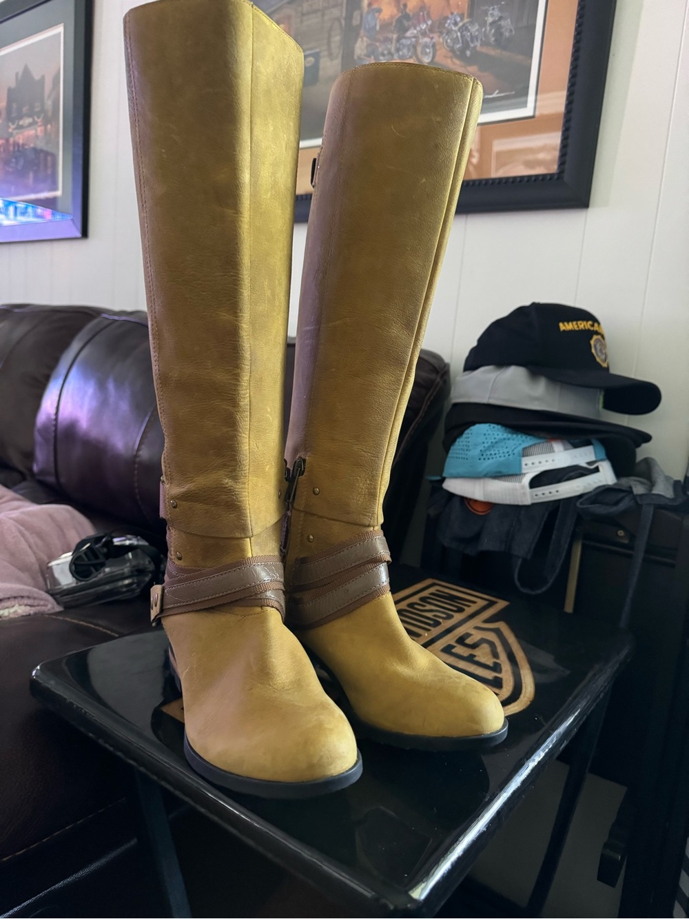 Sorel Over-the-Knee Leather Boots in Mustard with Brown Straps